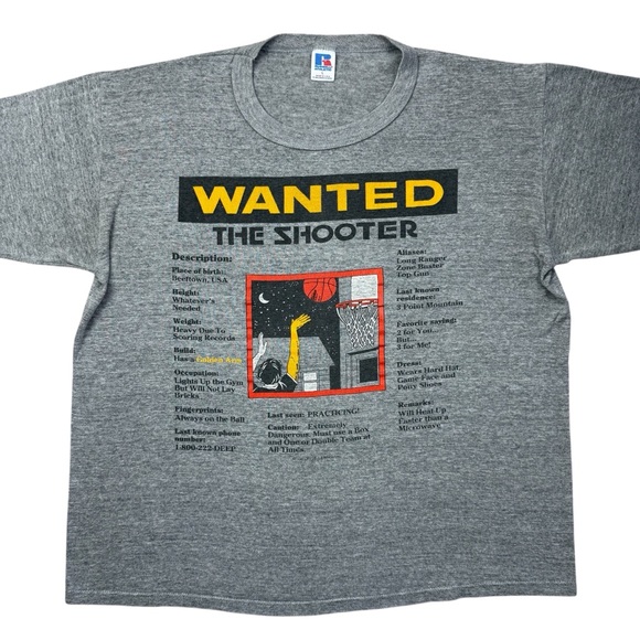 VTG 80s WANTED: The Shooter Basketball Russell Thin Single Stitch t-shirt BOXY L - Picture 2 of 11